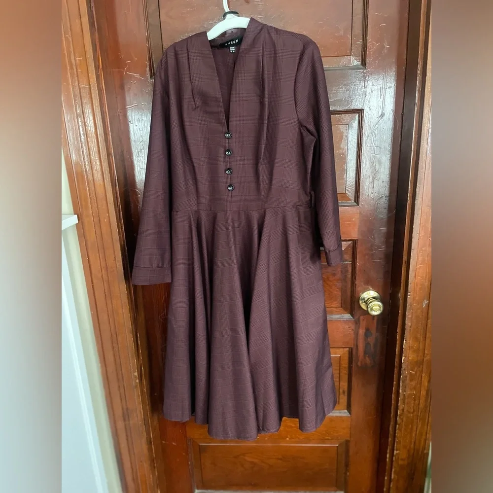 Burgundy Glen Check Swing Dress with Matching Belt - Picture 3 of 5